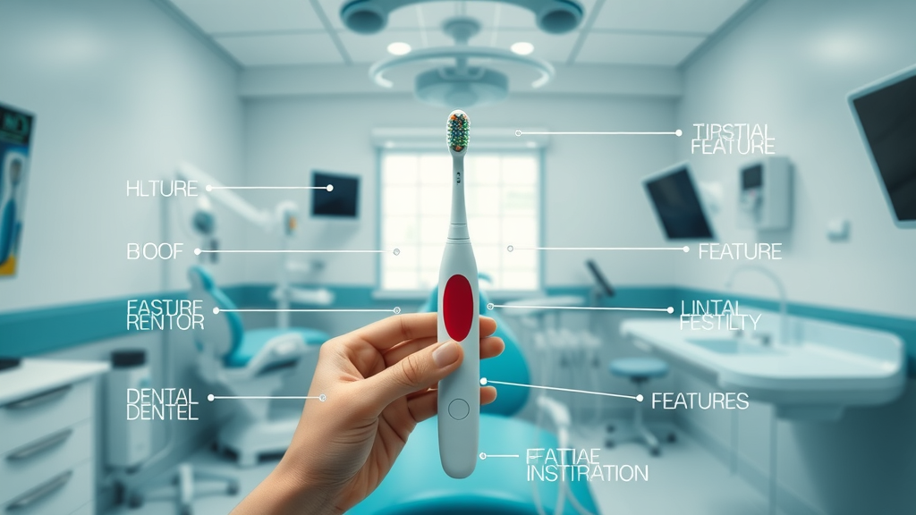 infographic style arrangement showing various toothbrush features, educational and informative, no hands, Cinematic, clean dental clinic background with dental equipment visible, highly detailed, icons pointing to each feature (non-text), cool-toned colors, well-lit, shot with a wide-angle lens.