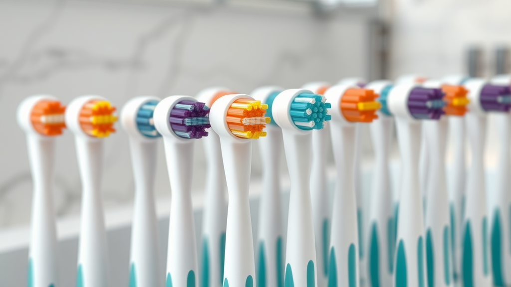 detailed close-up of interchangeable toothbrush heads, crisp and clean, neatly arranged, Photorealistic High Fidelity Lifelike, modern bathroom setting with marble detail, highly detailed, some heads with colored bristles, fresh color palette, diffused daylight, shot with a 100mm macro lens.