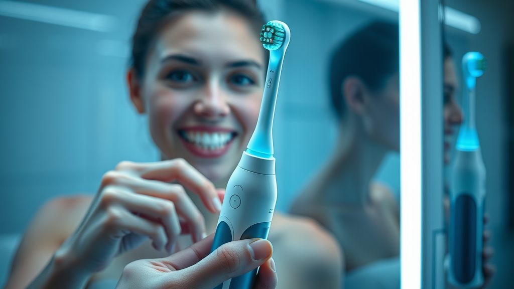 modern electric toothbrush displaying a digital pressure sensor light, innovative and precise, sensor light illuminated, Futuristic Sci_Fi, illuminated bathroom mirror reflection and motion blur indicating brushing, highly detailed, blue and white color accents, futuristic cool-toned lighting, shot with a 35mm lens.