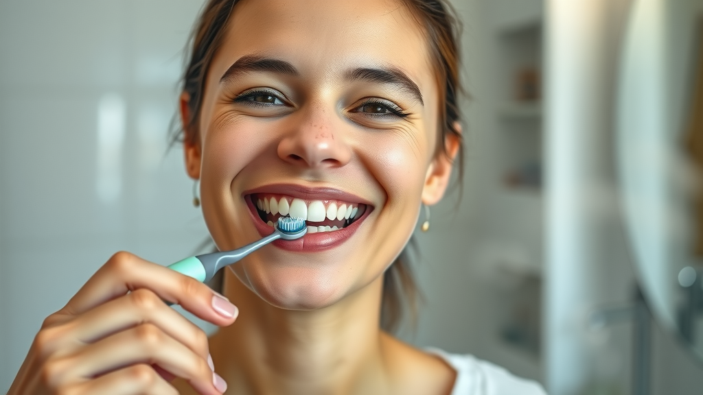 smiling person with flawless teeth using an electric toothbrush, genuine and content expression, gently brushing, Photorealistic High Fidelity Lifelike, modern cozy home bathroom background, highly detailed, subtle steam on mirror, gentle pastel tones, soft morning light, shot with an 85mm lens.