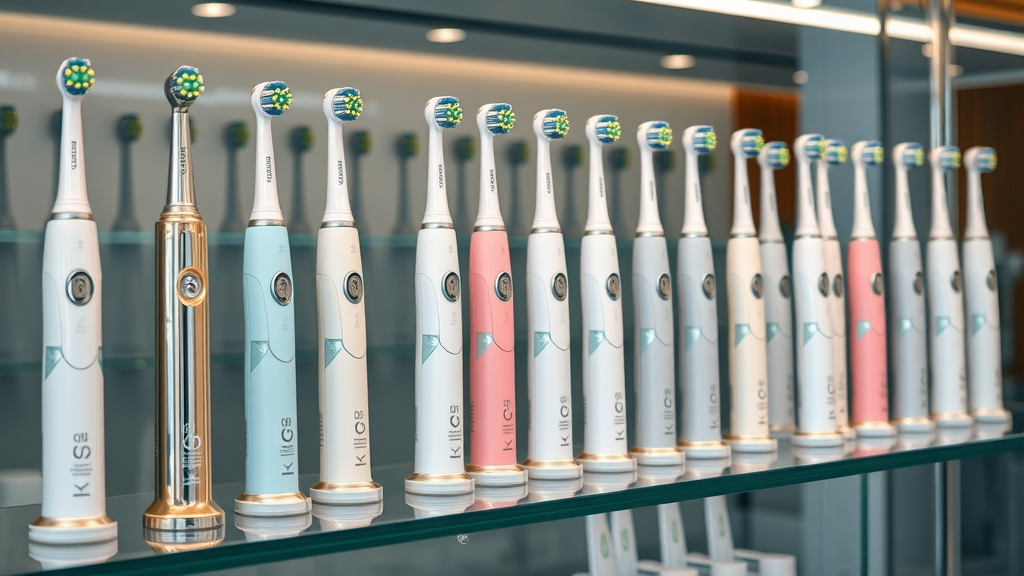 selection of various high-end electric toothbrush models neatly displayed, inviting and luxurious, lined up elegantly, Photorealistic High Fidelity Lifelike, glass shelf with water droplets, highly detailed, chrome and pastel color accents, natural indirect lighting, shot with a 24mm lens.