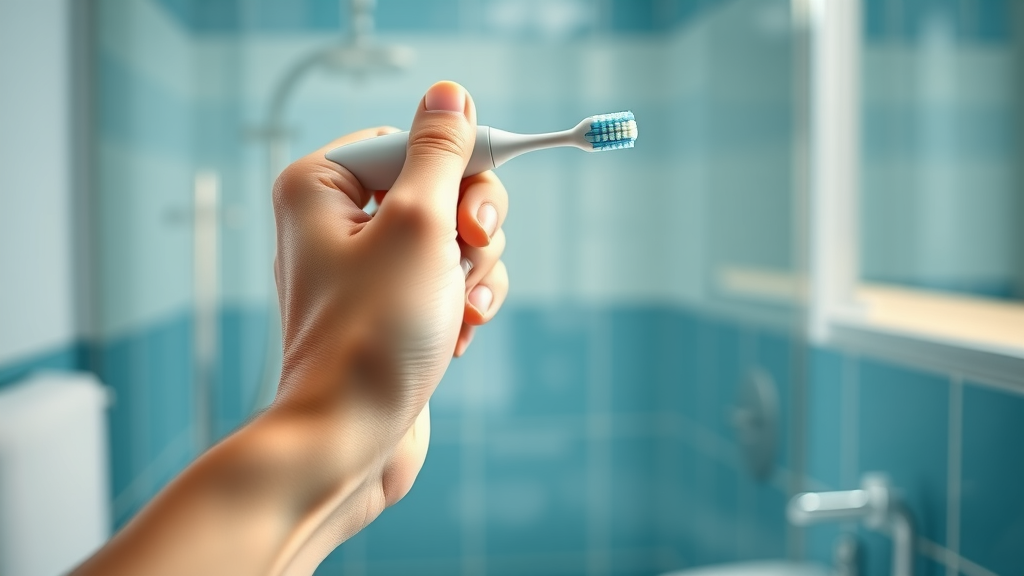 close-up of a hand confidently holding an electric toothbrush aloft, decisive and empowering, steady hand gesture, Photorealistic High Fidelity Lifelike, softly blurred bathroom background with clarity on brush and hand, highly detailed, subtle movement of bristles, blue and white tones, natural bright lighting, shot with a 50mm lens.
