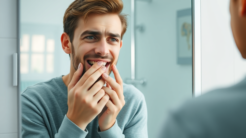 concerned young adult examining their teeth in a bathroom mirror, gently touching their cheek, highlighting oral health concerns, toothbrush holder visible, modern well-lit bathroom, soft morning lighting, what about brushing too hard
