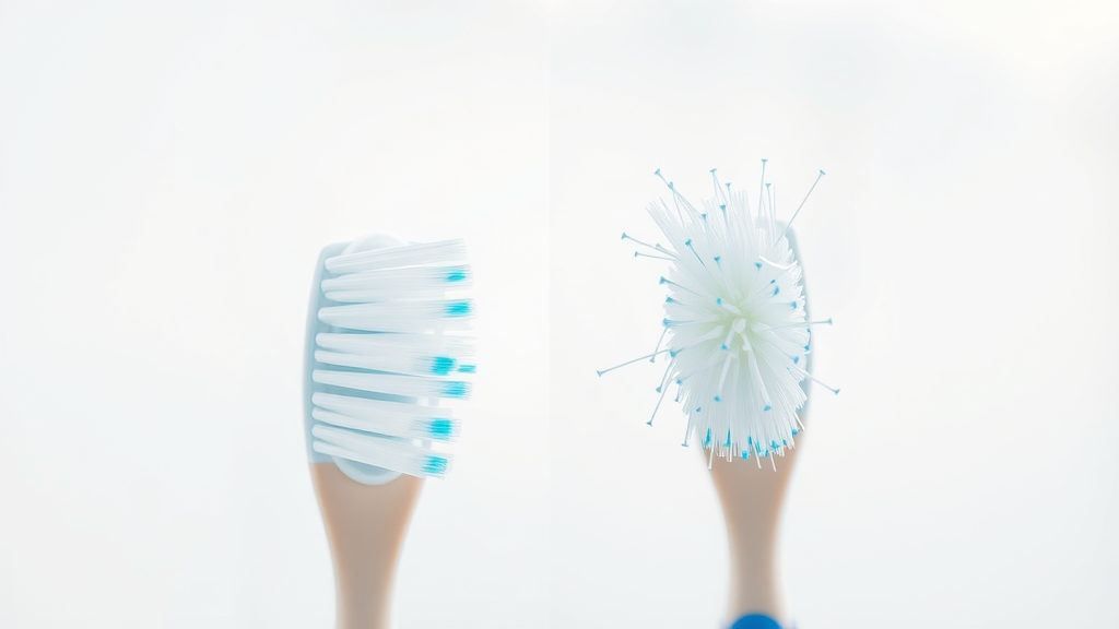 close-up comparison of a frayed toothbrush and a healthy toothbrush, emphasizing toothbrush abrasion from brushing too hard