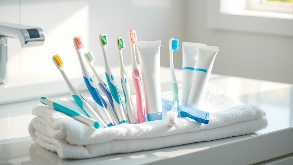 selection of soft-bristled toothbrushes and toothpaste, arranged for optimal oral hygiene to prevent brushing too hard