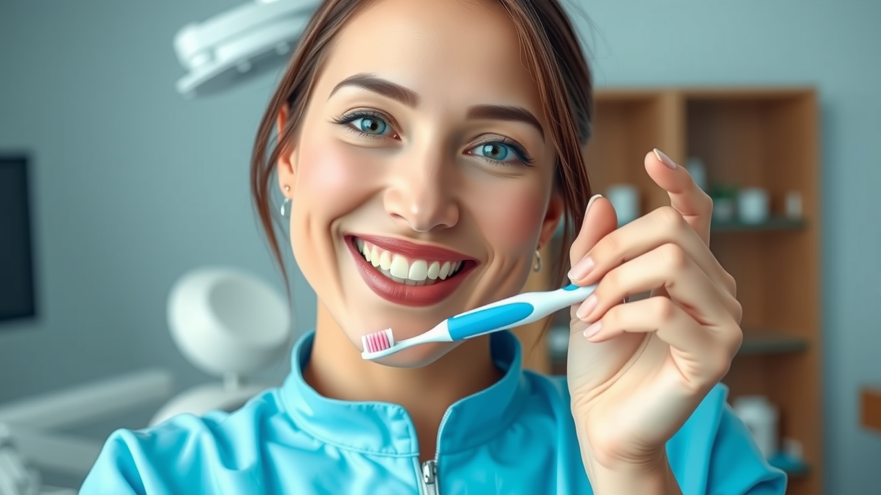 smiling dental professional holding soft-bristled toothbrush, demonstrating gentle brushing technique, what about brushing too hard
