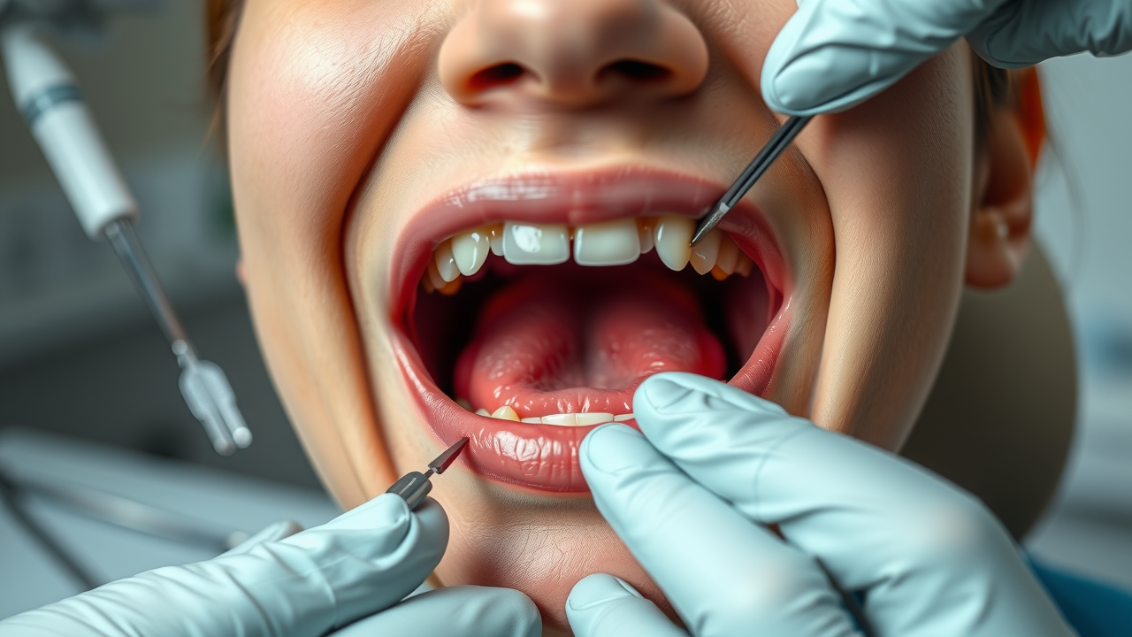 close-up dental exam highlighting mild gum redness and swelling in a patient with a dental professional in clinic