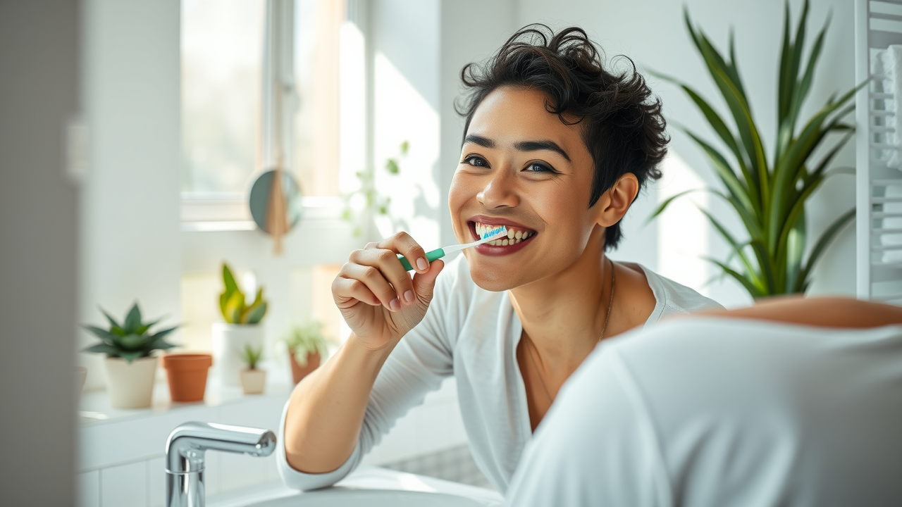 person brushing and flossing teeth at home with a smile, keeping gums healthy in a bright, tidy bathroom setting
