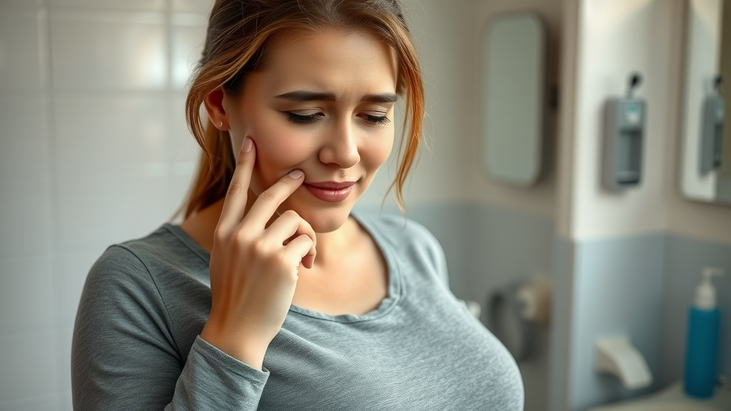 Pregnant woman concerned about sensitive and bleeding gums during pregnancy in a softly lit bathroom