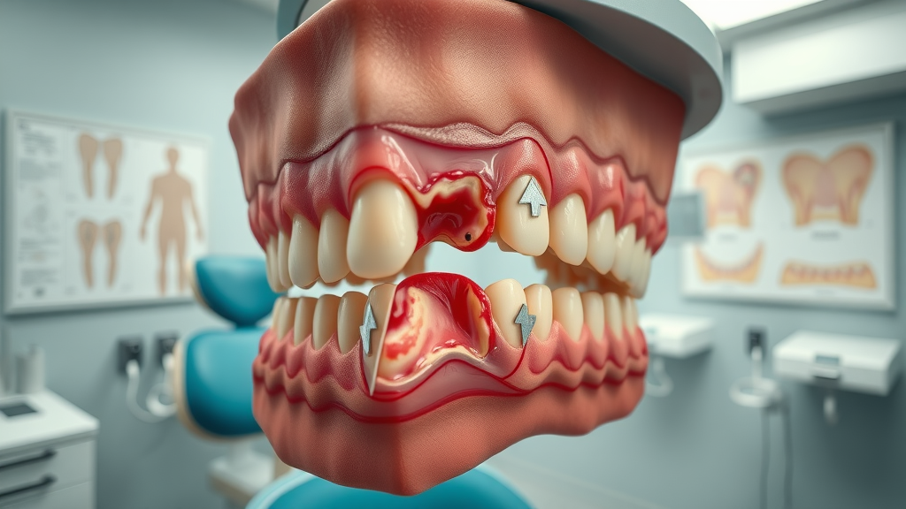 Anatomical cross-section showing inflamed gums during pregnancy with increased blood flow and swelling