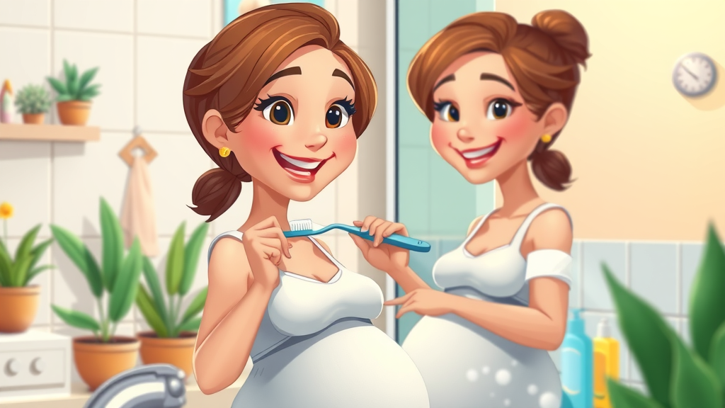 Pregnant woman practicing good oral hygiene during pregnancy with fluoride toothpaste and gentle brushing