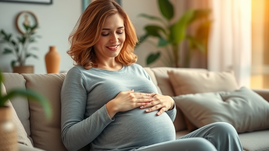 Pregnant woman feeling confident and healthy after dental care during pregnancy, relaxing at home