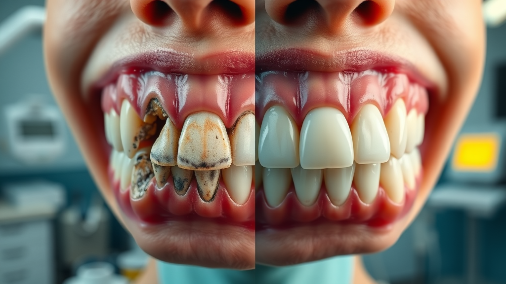 Side-by-side comparison of decayed vs healthy molar teeth, demonstrating what causes teeth to decay, with clinical dental office background.