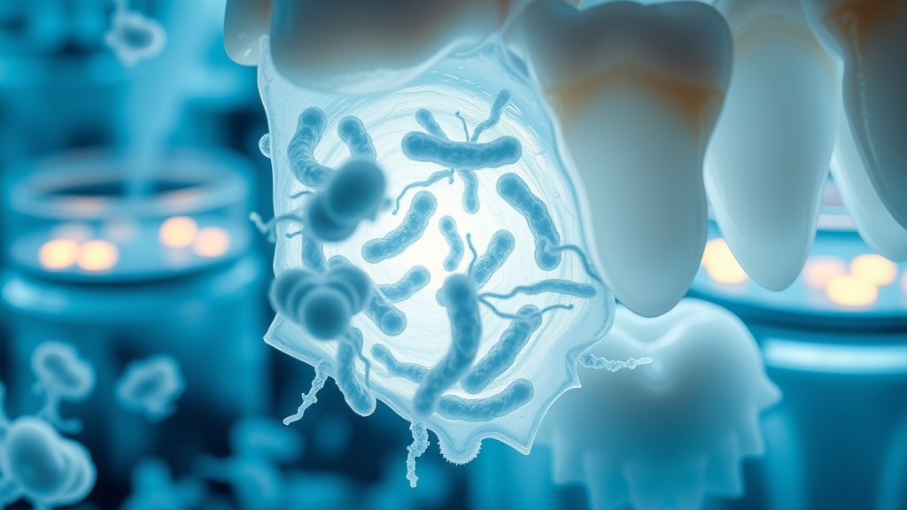 Microscopic view of oral bacteria producing acids on tooth enamel, demonstrating dental caries formation and tooth decay process.