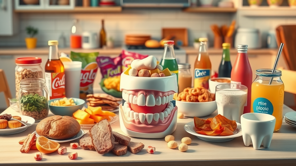Assortment of sugary snacks and acidic drinks surrounding anatomical tooth models, illustrating dietary causes of tooth decay.