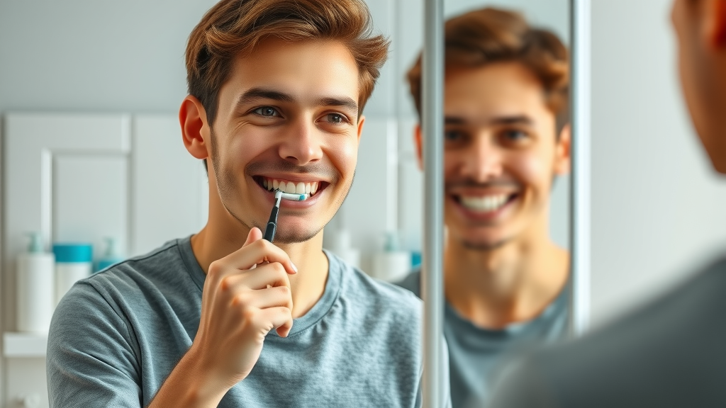 Young adult practicing proper oral hygiene by gently brushing teeth in front of the mirror, promoting tooth decay prevention.