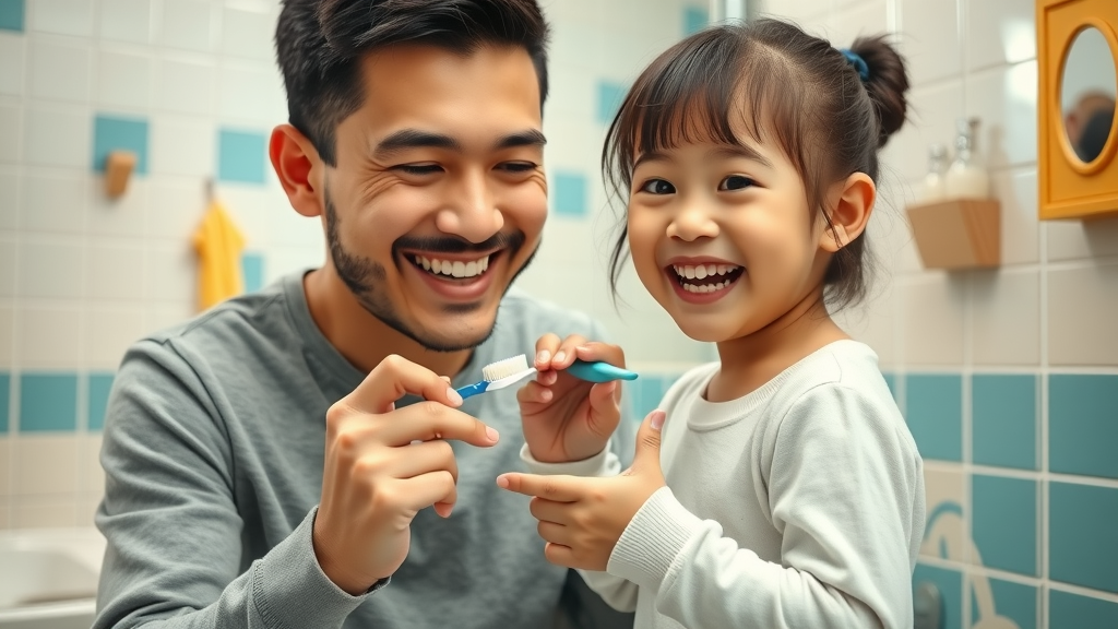 Parent helping young child brush teeth, demonstrating good oral hygiene habits to prevent childhood tooth decay.