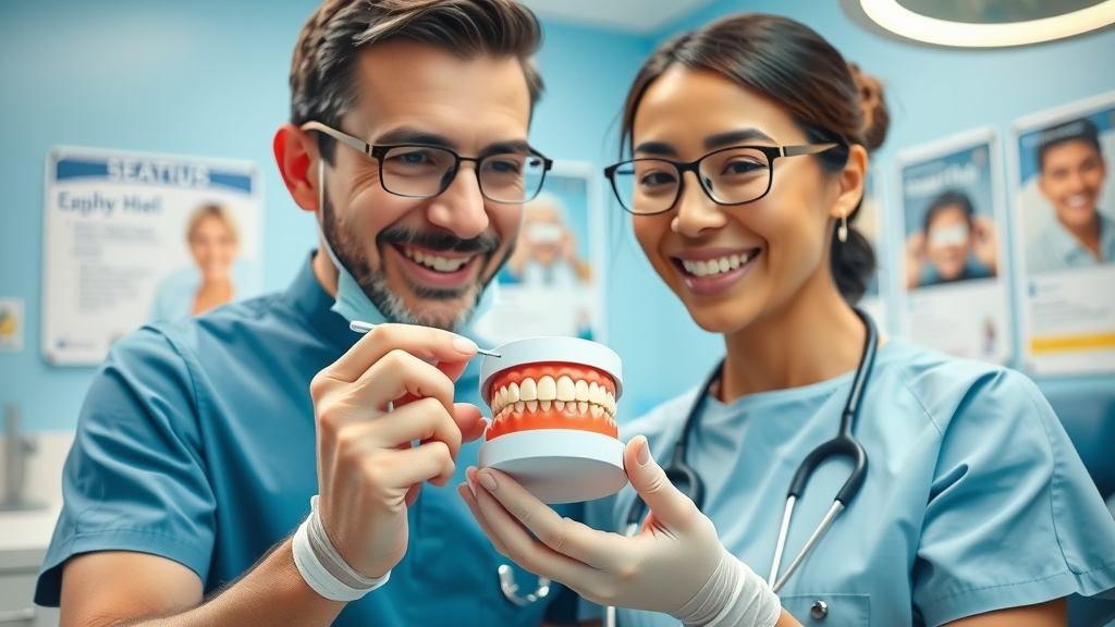 Dental professional demonstrating proper flossing technique on a tooth model to promote oral health and prevent tooth decay.