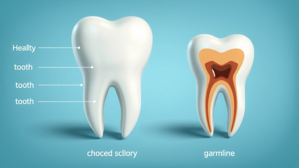 Dental problems progressing without symptoms - healthy tooth next to one with hidden decay under gumline