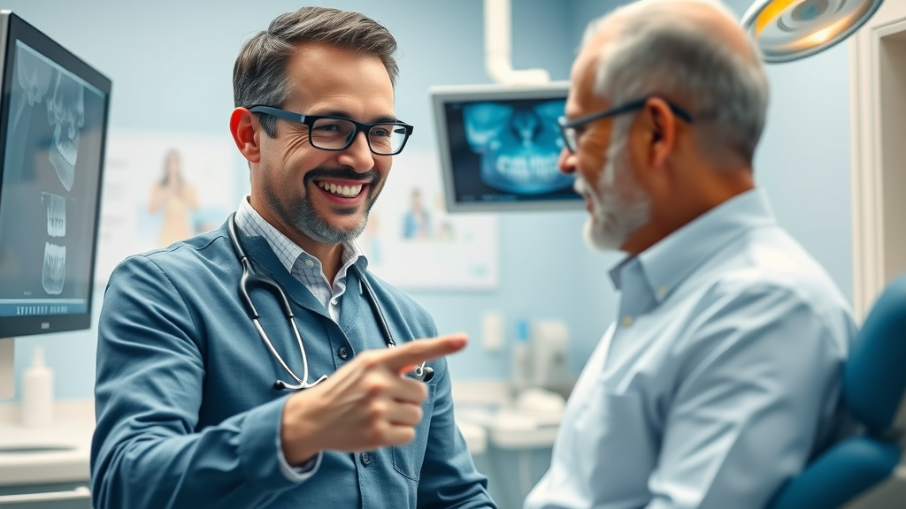 Dentist explaining dental x-rays to patient - early gum disease detection in a professional dental clinic