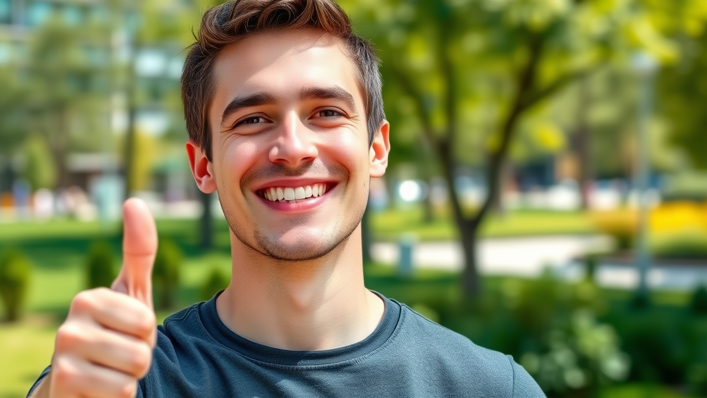 Healthy smiling young man after routine dental care in urban park - benefits of regular dental visits