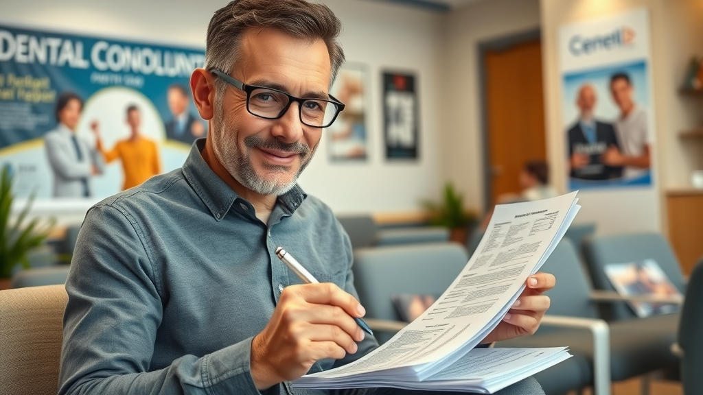 Organized adult preparing for a dental exam with checklist in a modern waiting room